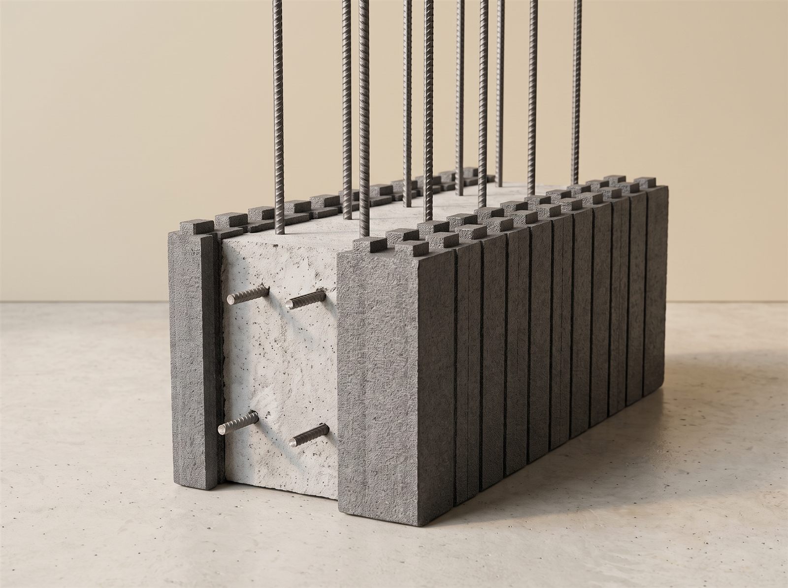 Bloque del muro Everhome relleno: panel interior de aislamiento de 5 cm, núcleo de hormigón armado de 15 cm con barras de acero y panel exterior de aislamiento de 10 cm